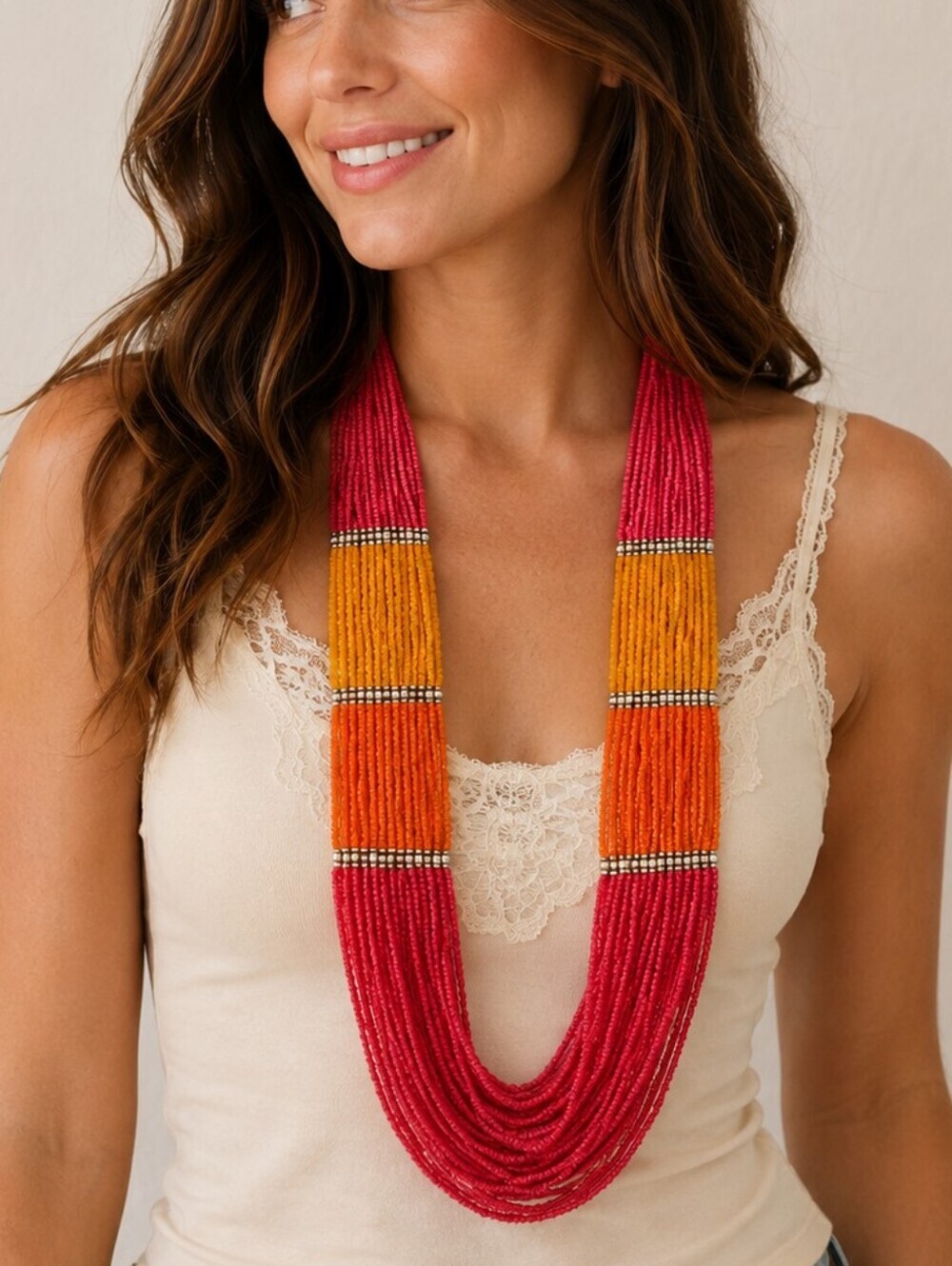 Vintage Hot Pink Orange Yellow Colorblock Multi-strand Beaded Ethnic Necklace